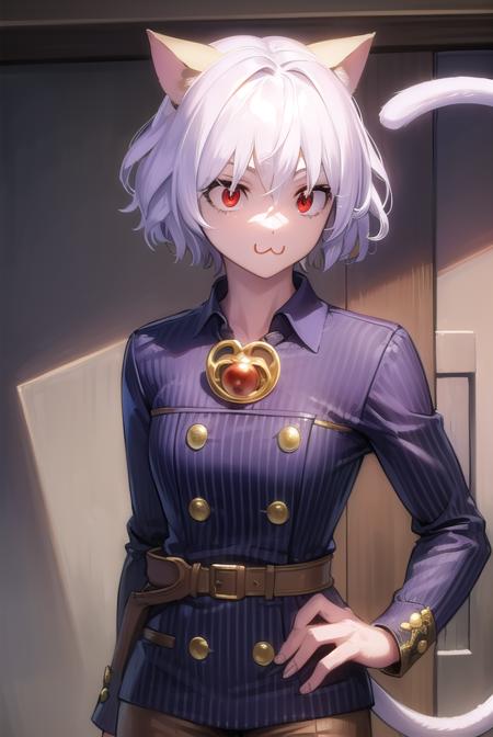 neferpitou, <lyco:neferpitou-lyco-nochekaiser:1>,
neferpitou, short hair, (red eyes:1.5), animal ears, hair between eyes, tail, white hair, cat ears, cat tail, cat girl, curly hair, <lora:catmouth_v100:1>, :3,
BREAK long sleeves, shorts, striped, buttons, brown shorts, shirt, collared shirt, blue shirt,
BREAK looking at viewer,
BREAK indoors, classroom, (cowboy shot:1.5),
BREAK <lyco:GoodHands-beta2:1>, (masterpiece:1.2), best quality, high resolution, unity 8k wallpaper, (illustration:0.8), (beautiful detailed eyes:1.6), extremely detailed face, perfect lighting, extremely detailed CG, (perfect hands, perfect anatomy),