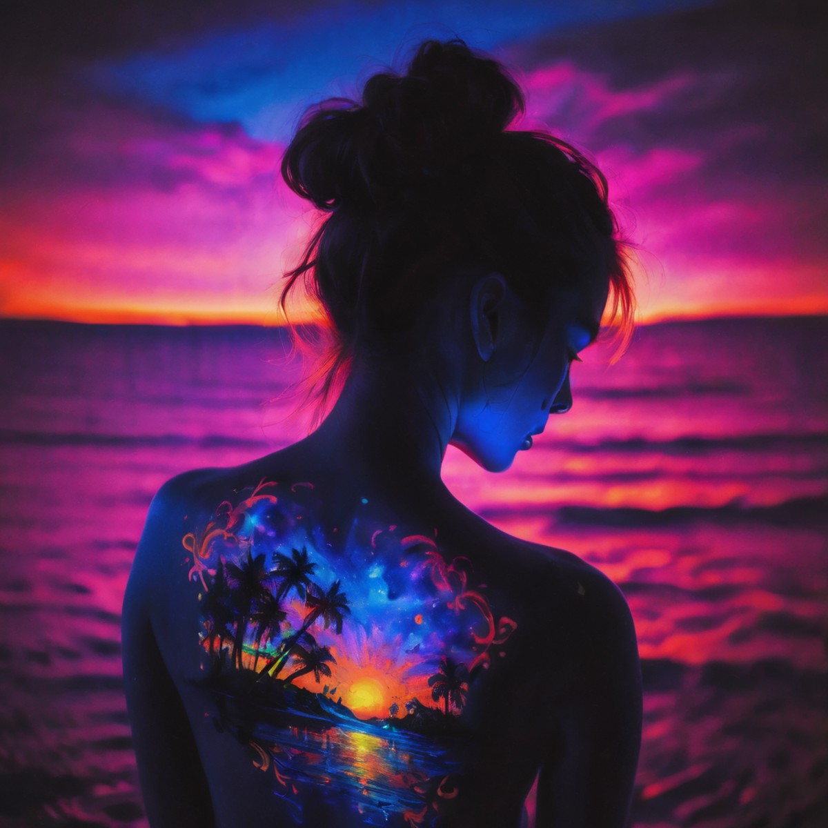 blacklight uv painted on the back of a girl depicting a famous piece of fine art