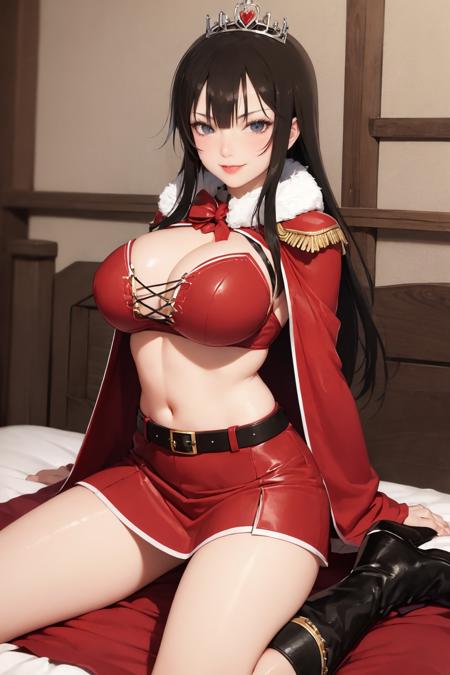 (masterpiece, best quality:1.2),  <lora:kagura_(senran_kagura):.9>, kagura (senran kagura), 1girl, solo, black hair, crop top, striped, navel, pantyhose, wariza, midriff, sitting, long hair, boots, striped pantyhose, skirt, blue eyes, looking at viewer, bangs, crown, capelet, smile, makeup, lipstick, red lips, red skirt, red footwear, belt, red capelet, pillow, breasts, large breasts, stomach, groin, on bed, long sleeves, knee boots, miniskirt, bow, heart, fur trim