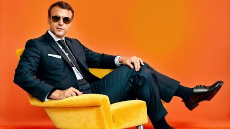 Macron768, a man in a suit and sunglasses sitting in a chair with a bright orange background and a yellow circle,  photography,  trending on artstation, sharp focus, studio photo, intricate details, highly detailed, by greg rutkowski <lora:Macron768:0.6>