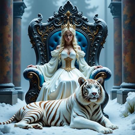 princess with glacier blue eyes, simple crown made out of snow, a cinematic photography,  snowy godess portrait, sitting on a throne made out of black wood in the snow throne room, billowing white dress, a huge white tiger is lying on the ground beside