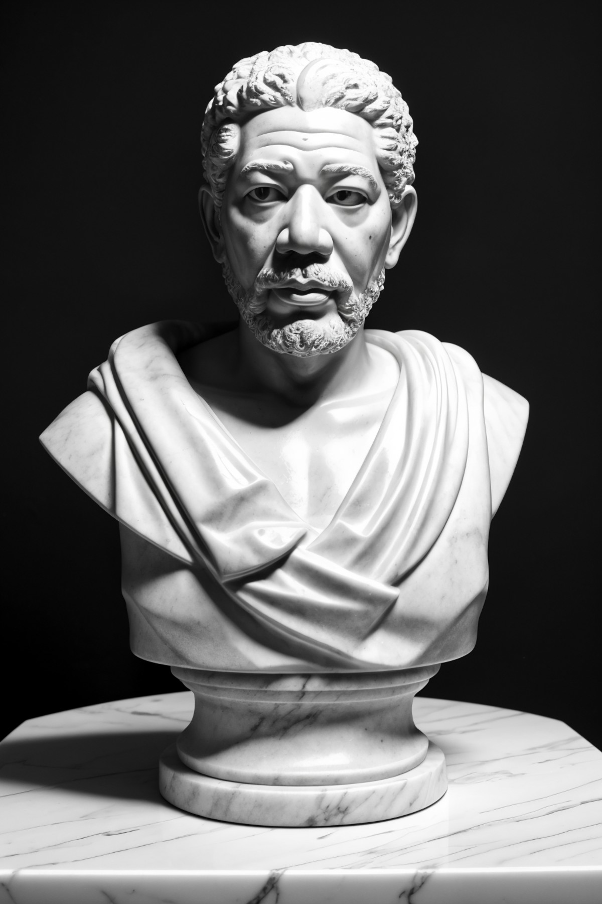Tempting [Nervous:Vivid Neon Promo:18] "A marble bust of Morgan Freeman as a Roman Emperor",black simple background,  ultr...