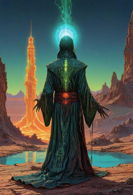 back view, appears trapped in an optical illusion of reflections and refractions. Illustration by moebius, a tower in a desert, intricate details, an undead wizard with glowing turquois eyes wearing robes that are red and black with an intricate pattern of YellowGreen lightening motif have the wizards hands spread out with energy glowing around his hands that are the same color as his glowing eyes also have the mouth open and the face of the undead wizard look very decayed but still have some flesh medium grain, FRESHIDESH Moebius comic book