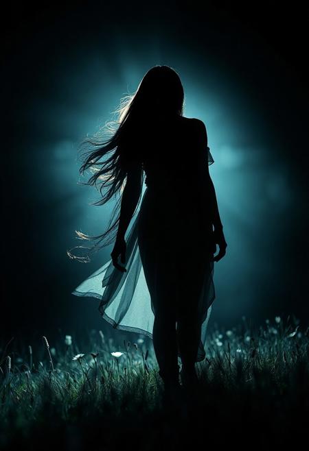 Beautiful woman silhouette on a dark luminescent meadow, shadow art, photorealistic concept art, cinematic lighting, soft natural volumetric effects. 8K UHD, high detail, intricate design, octane render. Radiating irresistible charm, perfect composition. Alluring, delicate details. High-quality masterpiece. Trending on Artstation.