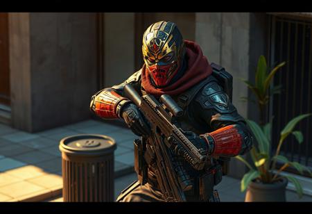 Action stone sentry, red & gold mask, black tactical suit, gray urban scene, trash can, green plant, dynamic pose. Dramatic lighting, octane render, Unreal Engine 5, splash ink illustration, Raphael & Houdini style, CGSociety, Artstation trending, 4k, hyperdetailed face & clothes, golden ratio, beautiful matte painting, isometric view.