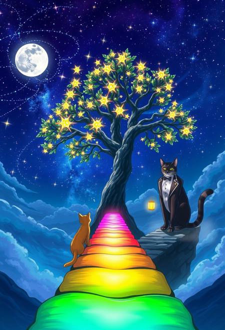 tree,stars,glow,night,cosmic,life,star,xenoblade,chronicles,scenic,desktop,nontextual,matter,abstraction,art,outline,abstract,chibionpu,tableau,arbre,peinture,moon,stars,,glow,fantasy,,night,tree,lantern,picture,color,,clouds,,light,,,,photo,revue,landscape,sylar,rainbow,brilliant,acid,mystic,kits,pink,,petals,,meditaie,,unificrii,conectare,mama,upscale,,number,<lora:wegg:1.0>,Envision a vast, vibrant rainbow bridge spanning a celestial realm. At one end, picture a magnificent orange tabby with medium-long fur,approaching with gentle curiosity. On the opposite side, imagine an althletic sleek tuxedo-patterned cat (95% black), adorned in striking black and white markings, standing with a sense of presence. Reflect on the essence of their encounter amidst the ethereal backdrop, reminiscent of the Rainbow Bridge from Pixar's Coco. The image represents a scene of the orange cat recently dying and leaving the world of the living via the rainbow bridge and seeing his loved one waiting for him on the bridge., wildlife photography, vibrant, architecture, 3d render, cinematic