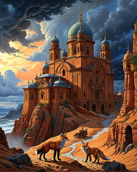 anime artwork anime artwork lazypos,Art painting by Caspar David Friedrich and Antonio J. Manzanedo , , ,best quality, masterpiece, extremely detailed,professional  art,professional painting,an extremely delicate and beautiful,dynamic,great lighting,perfect shading,professional shading,depth of field,side soft light, elegant,gorgeous,highly detailed,full shot,uncropped,pure genious,absolutely perfect,highly detailed,breathtaking, vibrant color,
Sandstone buttes under stormy skies, fox tracks in mud, ottoman-style caravanserai, 
<lora:tbh129-sdxl:0.15> style of Michael Cheval
<lora:tbh224-sdxl:0.15> style of Peter Bagge,
<lora:add-detail-xl:1>,
<lora:detailed_notrigger:1>,
<lora:SW01v1-5xl:0.15> sw01p_illus,
<lora:AnimeStyleSlider:0>, anime style, key visual, vibrant, studio anime,  highly detailed . anime style, key visual, vibrant, studio anime,  highly detailed, Baroque art style, dynamic composition, dramatic lighting, rich colors, intricate details, professional-grade execution, captures the grandeur and theatricality of the Baroque period