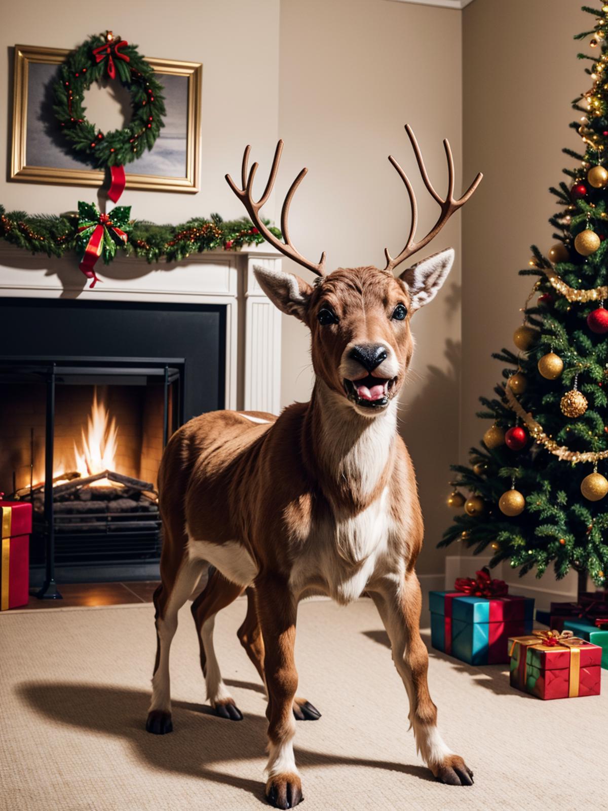 A deer with antlers standing in front of a Christmas tree.
