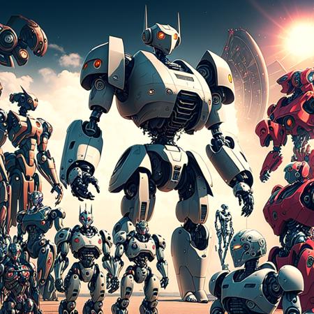 photo, an illustration of a giant robot surrounded by other robots (mecharoboto style:1) <lora:djzMechaRobotoV21:0.8>