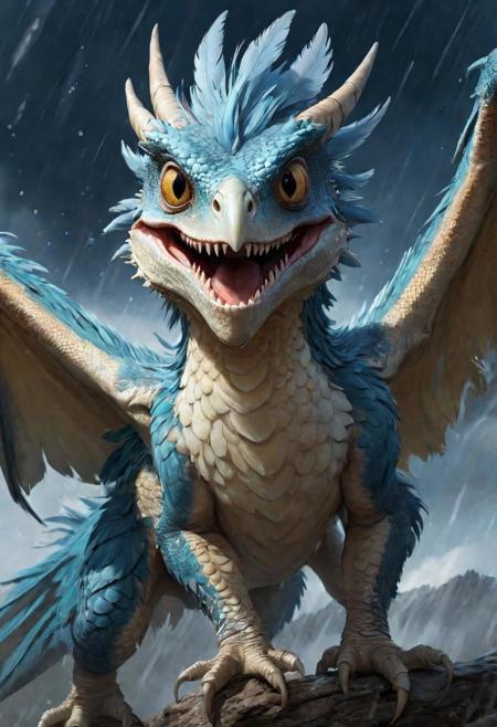 style by (Clay Mann:2.5),unique realistic (fluffy cute feathered utah-raptor dragon:1.8)  phantasmagoria, Dynamic Angle, Dramatic Lighting, storm-rainfall detailed masterpiece, digital painting,<lora:add-detail-xl:1.4>, windy epic polar, ,(luminous blue eye),professional make-up, mesmerize