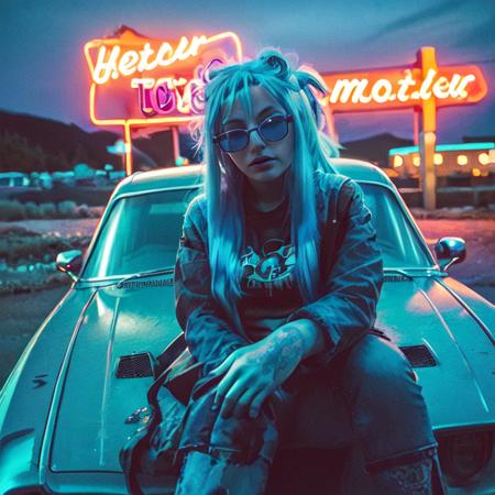 DSLR photo,  woman with blue hair wearing sunglasses sitting on the hood of an old car, neon motel sign, (at night:1.3), (eyes:1.2), <lora:NeonNoir-000002:0.65>, NeonNoir, (backlit:1.1), hard shadow, masterpiece, best quality, Intricate, High Detail, 8k, modelshoot style, film grain, <lora:theovercomer8sContrastFix_sd15:0.1>