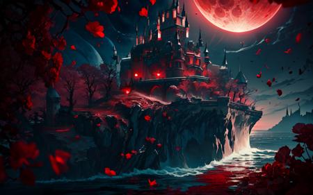 (best quality, masterpiece), (night sky,swirling red petals flutter in groups , low depth ocean, full moon, high castle, Magical design on the castle),