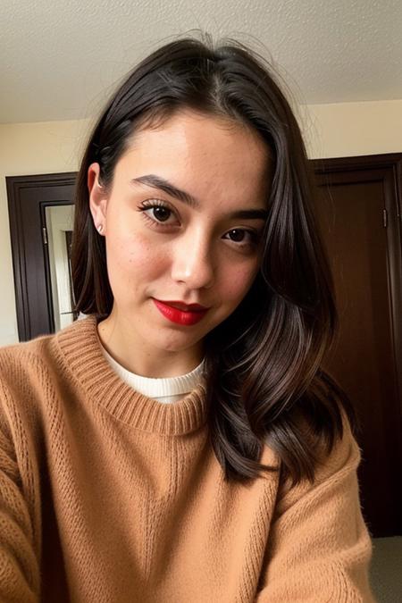 instagram photo, closeup face photo of 23 y.o Chloe in black sweater, black long hair, hair covering eyes, red lips, black eyelainer, large-sized breasts, perfect pussy, vaginal seç, cleavage, pale skin, (smile:0.4), hard shadows