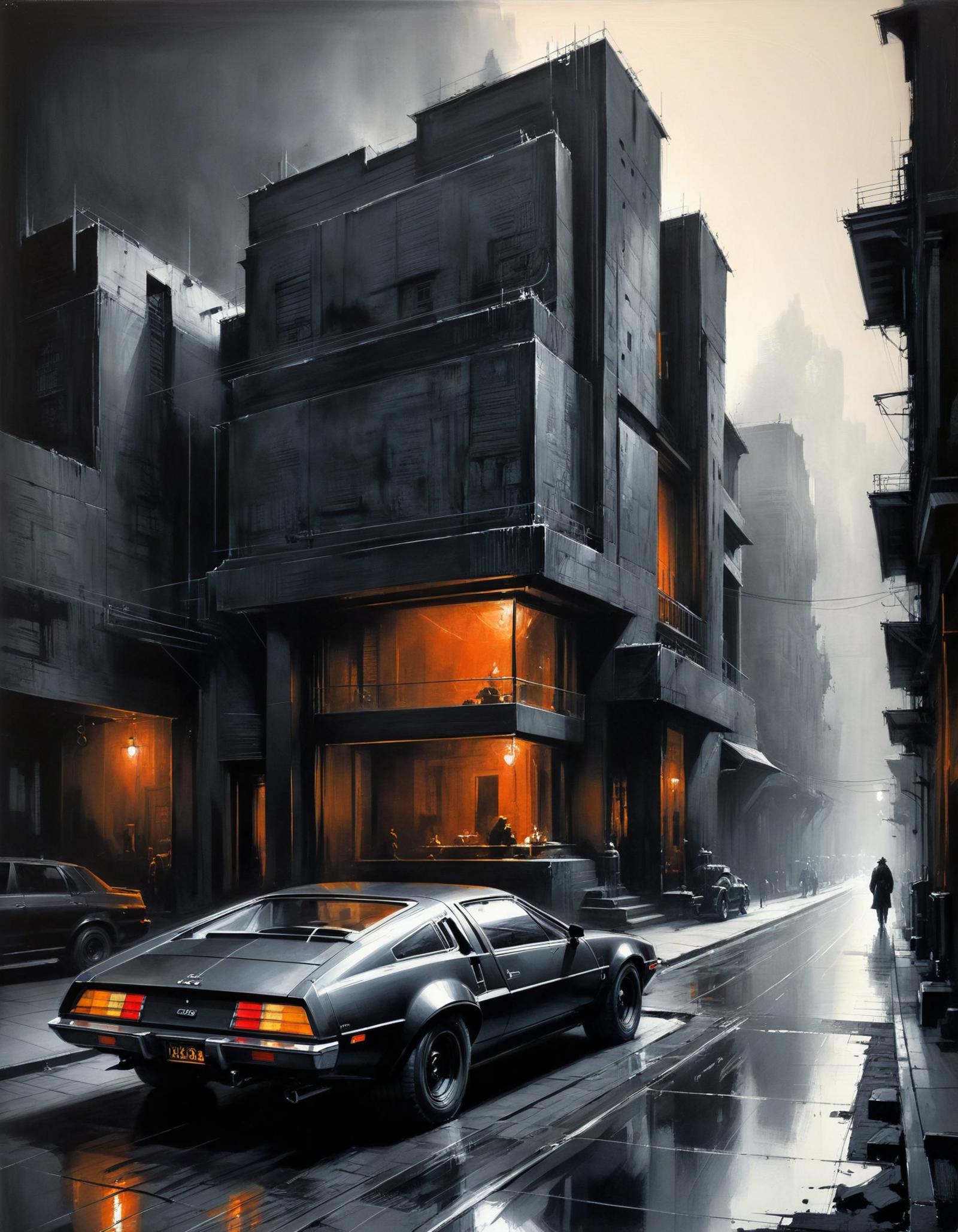 A futuristic city scene with a sports car driving down a wet street.