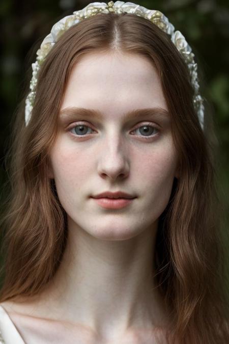 Pre-Raphaelite portrait of a tall pretty 18 yo russians goddess, (oblong face, perfect nose, long neck, skinny), pale skin, smile, detailed skin texture,