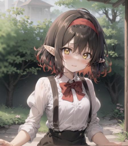 short hair, small breas, pointy ears, hazel eyes, <lora:Gena9-10:0.8>, happy, blush, forest, suspender skirt, white shirt, red bowtie, amber eyes, bangs, hairband, (anime style:1.2), dot nose,