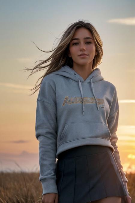 photo of S304_OliviaMassucci,a stunning woman,on a (field:1.1),wearing a (hoodie:1.1) and a (skirt),(sunset),(4k, RAW photo, best quality, depth of field, ultra high res:1.1),(absurdres, intricate, photorealistic, masterpiece, ultra-detailed:1.1),
