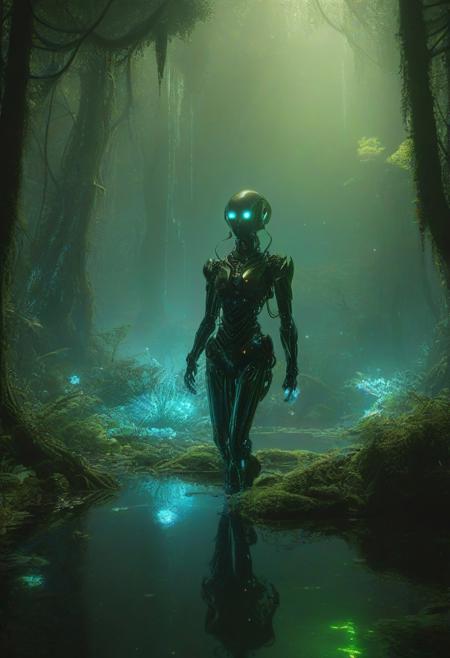 Ultrarealistic. sharp focus, dynamic lighting. play of light, reflection, refraction, Raytracing, Ultra detailed. Alien themed. Alien scenery. alien scenery background. alienworld. A gorgeous female robot in an alien forest. surrounded by ice.enchanting, cosmic, celestial, ethereal, vibrant flora, magical, luminous, serene, dreamy, radiant, bioluminescent, intricate details, surreal, enchanted forest