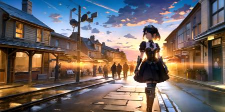 masterpiece, best quality, highly detailed background, BREAK 1girl, solo, looking at viewer, steampunk fashion, goggles, top hat, gear earrings, key necklace, black hair, green eyes, gear hairpin, flat chest, mechanical arm, leather corset, ruffled skirt, striped stockings, brown boots, BREAK cityscape, gears, clock tower, steam train, cobblestone streets, street lamps, people in Victorian attire, flying airships, sunset sky, clouds