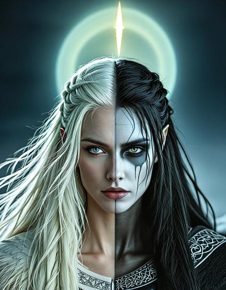 RAW close up analogue photo ((Hel the Norse Goddess)), clear focus, high resolution image, nbn-hel, ((half body, left black, right white)), ((white hair right side, black hair left side)), ((two-tones hair)),  heterochromia, realistic, <lora:sdxl_NBN-Hel_NordicByNature_r1:1.0>, nordicbynature, <lora:NordicByNature:0.8> ,Hel riding a ghostly steed, leading a spectral Viking raid across the moonlit tundra.,low light, soft natural light, Rembrandt style light, Hasselblad DLSR camera, 200mm Zeiss lens, f/2.8,