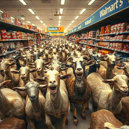 A herd of goats storms Walmart at 2 pm sharp, baaing excitedly as they compete in a chaotic “Switch 2” rush—each convinced they deserve one.