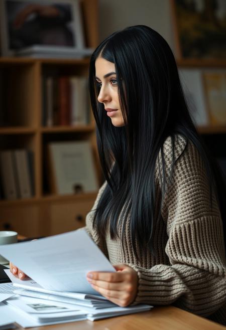 Professionnal quality photography, cowboy shot, side view, gorgeous French woman in her thirties, long silky black hair, light green eyes, no makeup, no earrings, oversized sweater, slightly tanned, sitting at a desk, rummaging through annoying paperworks