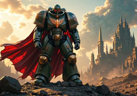 Power Armor Super Warrior stands atop a shattered battlefield, cloaked in a tattered two-toned cape (Golden, deep crimson + blackened steel-gray), whipping in the wind. Towering in heavy, brutalist power armor, covered in battle scars, welded plating, glowing vent cores, and glowing cyber etchings. A massive emblem of a hammer crossed with a scythe blazes across the chestplate — a symbol of industrial revolution and vengeance.
Foreground: cracked stone slabs, bullet casings, coiled power cables and broken servo limbs.
Midground: central figure in a heroic stance, clenched gauntlets dripping with oil and ash, helmet visor glowing dim red, breathing unit hissing vapor. Massive pauldrons, spine-linked exosuit pistons, magnetic weapon holsters across the back.
Background: ruined brutalist citadel ruins under a fractured sky. Black smoke pillars and decaying monoliths loom in the distance.
Lighting: strong cinematic rim light from behind in deep orange, mixed with blue underglow from ruins, casting dramatic shadows. Particles float through rays of dying sunlight.
Camera: 50mm lens, low-angle hero shot with shallow depth, subject off-center for dynamic tension.
Color tone: blend of gritty desaturation, steel-gray + blood red, with cinematic teal-orange grade, subtle film grain, smoke layering for atmospheric depth.
Style: grimdark, 8K, ultra-detailed, digital painting, epic wallpaper concept art.
