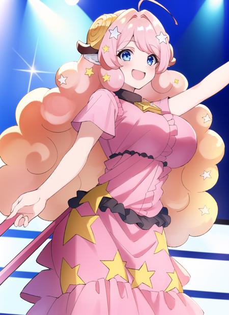 (masterpiece:1.3), (best quality:1.2),moa,1girl,solo,huge_breasts,pink hair,long hair,star (symbol),hair ornament,blue eyes,star hair ornament,horns,animal ears,smile,sheep horns,ahoge,sukajan long palazzo pants