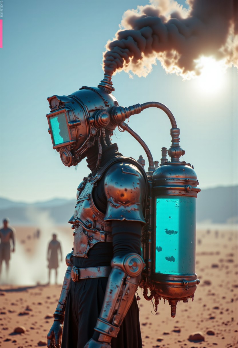 A figure clad in futuristic, steampunk-inspired armor, standing in the middle of an expansive desert. The individual dons a helmet with a large, rectangular visor connected to a backpack filled glowing blue liquid inside cylindrical tanks via tubes. A steady plume of smoke escapes from the helmet, curling upward into the arid sky. In the distance, other figures stand scattered across the horizon.