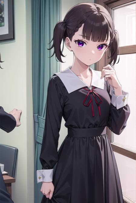 makishijou, <lora:makishijou-lora-nochekaiser:1>,
maki shijou, bangs, blunt bangs, (purple eyes:1.1), twintails, two side up, braid, short twintails,
BREAK long sleeves, dress, ribbon, school uniform, black dress, red ribbon, neck ribbon, collared dress, shuuchiin academy school uniform,
BREAK outdoors,
BREAK looking at viewer, (cowboy shot:1.5),
BREAK <lyco:GoodHands-beta2:1>, (masterpiece:1.2), best quality, high resolution, unity 8k wallpaper, (illustration:0.8), (beautiful detailed eyes:1.6), extremely detailed face, perfect lighting, extremely detailed CG, (perfect hands, perfect anatomy),