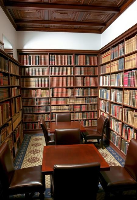 This room is not very generously furnished, but importantly it is well
stocked.  There are twelve stacks, each full to the brim with aging
leather-bound books.  There are also four rectangular tables and leather
chairs for residents to read at in peace.  The floor and ceiling are decorated
like much of the hostel, but there are no walls.