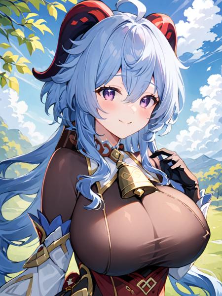 ultra-detailed,(best quality),((masterpiece)),(highres),original,extremely,<lora:ganyu_xl:1>,ganyu, 1girl, solo, ganyu (genshin impact), breasts, horns, bell, detached sleeves, long hair, bare shoulders, blue hair, looking at viewer, smile, gloves, blush, black gloves, ahoge, bangs, sky, purple eyes, outdoors, neck bell, upper body, goat horns, sidelocks, medium breasts, white sleeves, closed mouth, cloud, gold trim, large breasts, bodystocking, cowbell, wind, hair between eyes, long sleeves, leaf