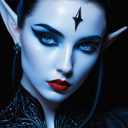An ultra-detailed, close-up portrait of a Emo Goth Woman captured with a strong chiaroscuro lighting effect. The composition highlights the striking contrast between light and shadow, with half of her face dramatically illuminated and the other half submerged in deep, velvety darkness. Her fair skin appears flawless and porcelain-like, exuding a soft glow where it catches the light. Her single visible eye is a vivid, icy blue, intensely focused and reflecting the ambient light, framed by naturally arched eyebrows and subtle eyeshadow that adds depth without overpowering the natural shape of her eye. Her face is delicate, with angular features and luminous, almost ethereal white skin, with small pointed elf ears. Her red lips are painted with a glossy, high-shine lipstick, creating an alluring focal point that draws the eye. The lips appear slightly parted, hinting at a confident, yet enigmatic expression. The gloss on her lips catches the light perfectly, emphasizing their fullness and texture. The lighting carefully carves out the contours of her nose and cheekbone, lending a sculpted, almost cinematic quality to her face. The background is pitch black, enhancing the drama and making her illuminated features stand out starkly against the darkness. The shadow line across her face is sharp and precise, adding to the mysterious allure. Shallow depth of field. elaborate details, (2/3 rule composition:0.5), ultra detailed, romantic, Rembrandt lighting, brush stroke, lovely, del1cate_balance style, novuschroma, in the style of Rembrandt. vantablack <lora:style_of_Rembrandt_FLUX_135:.8> <lora:- Flux1 - vanta_black_V2.0:.8> <lora:Delicate_Balance:.3> <lora:neeeg_f1:-1> <lora:113_novuschromaFLX_1:.4>