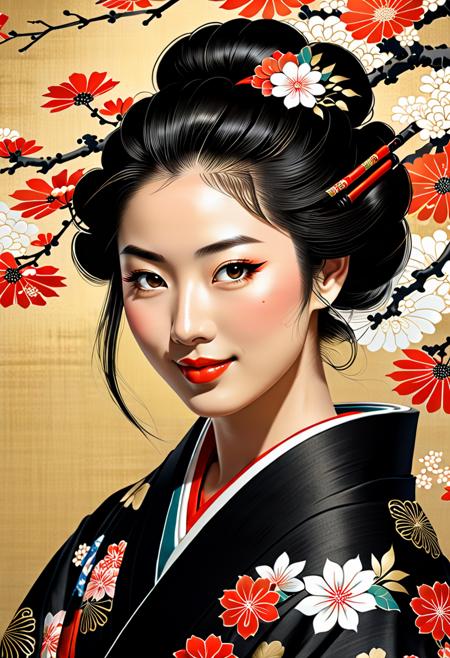 (Face portrait of a beautiful 26-year-old woman:1.5),cute face,wearing a black kimono,happy face,{{{Ukiyo-e_style}}},{{flat_style}},{simple_colors},{{{masterpiece}}},{katsushika_hokusai},{chinoiserie},{{{best_quality}}},kimono,{{ultra-detailed}},{illustration},{{an_extremely_delicate_and_beautiful}},{Gorgeous and rich graphics},