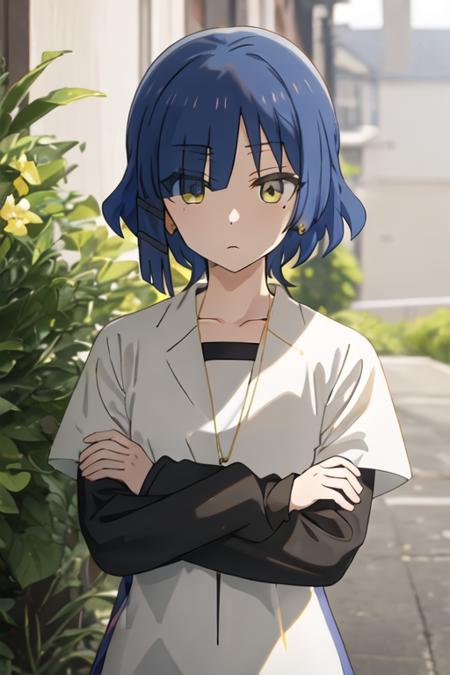 best quality, masterpiece, highres, solo, {yamada_ryo_bocchitherock:1.15}, blue_hair, short_hair, bangs, mole_under_eye, mole, yellow_eyes, hair_ornament, closed_mouth, hairclip, 1girl, black_shirt, layered_sleeves, long_sleeves, shirt, short_sleeves, upper_body, looking_at_viewer, short_over_long_sleeves, collarbone, crossed_arms, earrings, expressionless, jacket, jewelry