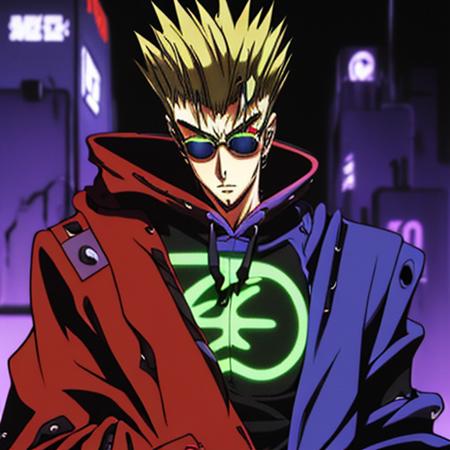 Trigun anime character <lora:Trigun:1>, (weared hoody:1.3), with glasses, in neon town cyberpunk