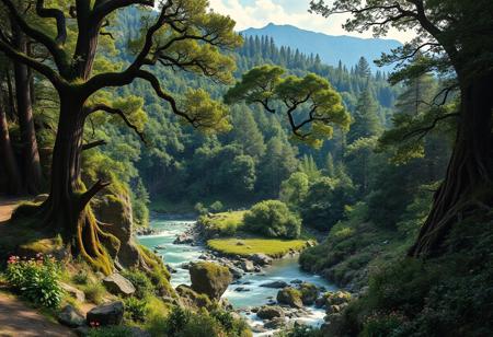 vast natural wilderness, untouched by human hands, sprawling forests, overgrown vegetation, towering ancient trees, dense foliage, soft earthy textures, wild rivers flowing through the landscape, rocky cliffs and natural formations, no signs of civilization, tranquil lakes reflecting the sky, wildlife roaming freely, serene and peaceful, moss-covered stones, sunlight filtering through thick tree canopies, untouched landscapes, overgrown vines wrapping around massive trees, vibrant flowers scattered across fields, natural caves and grottos, birds and animals thriving in their habitats, photorealism, high resolution, ((masterpiece)), gentle breeze rustling leaves, symbiotic balance between flora and fauna, unspoiled natural beauty, wild meadows, dense underbrush, mountains rising in the distance, soft shadows cast by towering trees, natural harmony, quiet and still