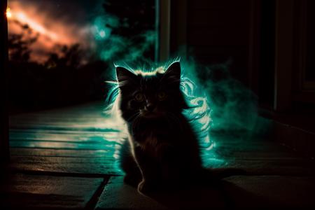 <lora:CosmicEldritchTech-20:1>, eldritchtech, cosmic, dark energy, RAW photo, (closeup:1.2), a fluffy kitten on the porch at sunset, dynamic photo, soft lighting, 8k uhd, high quality, film grain, Fujifilm XT3