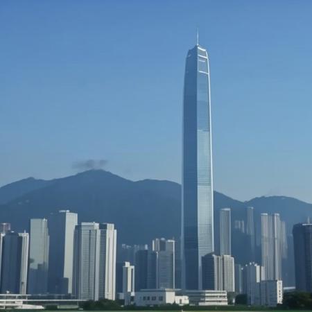 tall, narrow, tower, dystopian, black, Hong Kong, billboards, air conditioning units,
short buildings around the main building, 2000s footage, nostalgic, vhs filter, construction, mountains in the background, vhs, clear