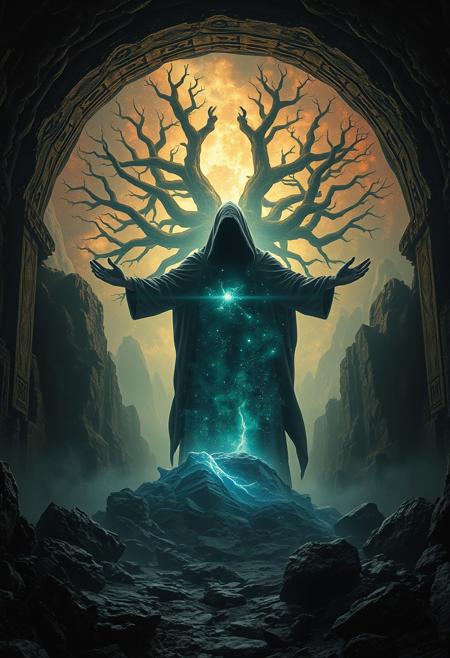 A universe inside a dark cloaked figure within mysterious landscape in an unfathomable realm of fantastic creation inhabited by ancient shadows of a forgotten time beyond the gate of the gateless gate where life is limitless, light is shadow and shadow is light, eerie sense, horror, spark of the beginning, existence and nonexistence at once, ethereal, outstretched arms, behold the end of the beginning, inglorious glory to the dark one, betrayal of the ancient order, beware the 7headed beast, destroyer of the old ways, bearer of the unbearable, nightmarish, archaic runes, tree aging backwards, breath of the gods, ruins of a place unimagined, extreme intricate detail, photorealistic, beyond epic scene, fate discarded, unseeable face of god, the end is the beginning, the beginning is the end, man arises as god dies, as above so below, as below so above, emerald tablet, thoth, guardian and saboteur of existence, hopeless hope, ghosts of the unborn, conception of the inconceivable, cosmic well of imperceptible perception, evil aura, infinite emptiness, pillars of void, overwhelming subtlety, sacred geometry