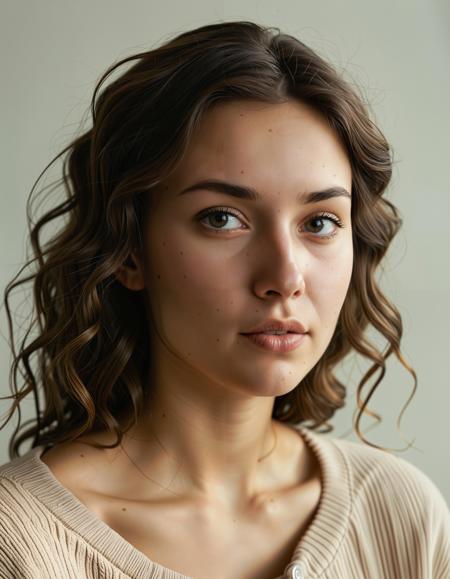A photorealistic portrait shoot from a portrait camera angle about a close-up portrait of a young woman with wavy, shoulder-length brown hair and detailed skin. the image also shows soft lighting and smooth skin texture. on the middle of the image, a 20 years old woman appears to be looking directly at the viewer with a neutral expression, wearing a light beige sweater. she has a slender physique and a small nose piercing. her hair is wavy and falls down her back, framing her face. her realistic eyes are large and expressive, and her lips are parted, revealing a hint of her teeth. she is wearing no pants or shoes. the background is a plain, light-colored wall, and the overall mood is calm and serene.