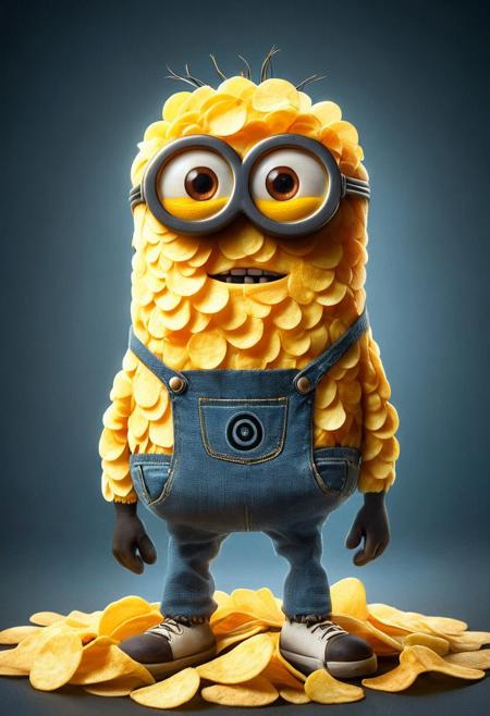 Minion minion(masterpiece, best quality, ultra-detailed), xiaohuangren, glasses, blue denim strap pants, <lora:xiaohuangren_v6-000017:0.8>, minions, (masterpiece, best quality, ultra-detailed),xiaohuangren,goggles,blue denim strap pants,<lora:xiaohuangren_v6-000017:0.8>,minions,revice driver, p1nkch1ps, made out of potato chips,text( "Potato Chips":1.1), A fun party scene with bowls of potato chips and the text "Potato Chips" glowing brightly, minion minion, minion