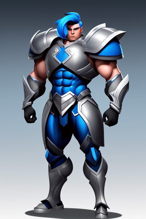 photo of a stylized ((full body)) of a ((male)) super soldier, with stylized blue hair, Huge body, strong mussels, wearing...