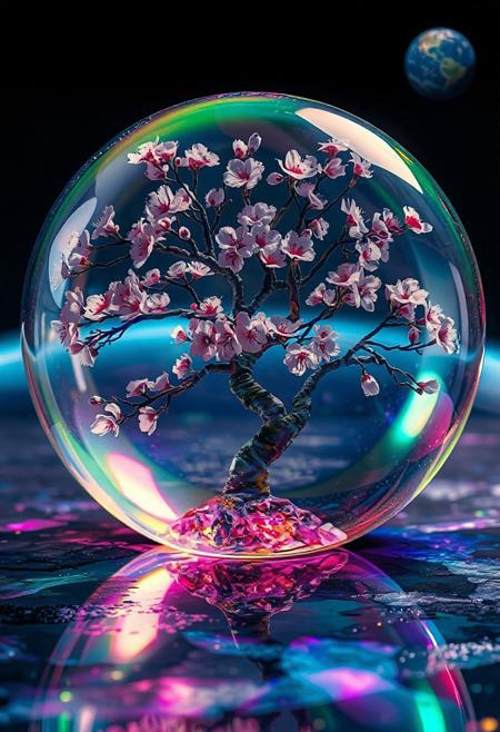 cherry blossom tree, completely transparent, reflective iridescent surface, glass art, colorful, translucent, Space, Lunar Surface, Cherry blossoms glow faintly, 
Earth in the background, 
Japanese art style, Japanese ink painting, 
best quality, sharp focus, high contrast, colorful, ultra quality, 8k, best quality,