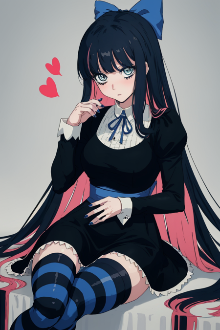 (masterpiece, best quality:1.2), stockingpsg, thighhighs, ribbon, hair bow, heart, nail polish, black dress, dated, zettai ryouiki, striped thighhighs, blue nails