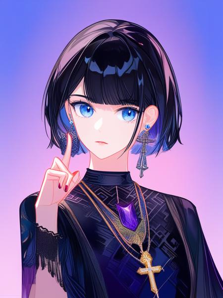 <lora:dan:1>,masterpiece,solo,close up,[sho lwlw],1girl,aesthetic,portrait,purple background,gradient background,upper body,looking at viewer,blue eyes,short hair,black hair,bangs,index finger raised,nail polish,cross earrings,necklace,shushing,signature,artist name,face,