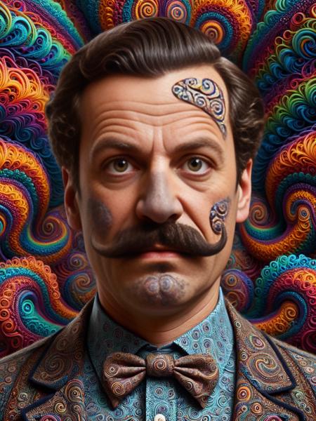 A portrait of a man with a humorous expression, sporting an oversized mustache made of ais-spirals <lora:Colorful_Spirals_SDXL:1>.