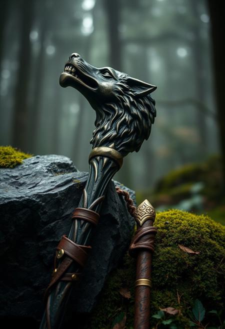 A hyper-realistic portrait, photorealistic photo close-up image of a magical bronze sculpture of a wolfs claw leaning against a moss-covered stone in a dense, misty forest. the mage staff is weathered, with worn leather and gold on the handle, but gleams with a fierce history. Ultra sharp detail, flawless composition, muted natural colors, High Definition HD, ancient warrior aesthetic, cinematic lighting, perfect outdoor realism, bokeh.(photography, high-resolution, dynamic, energetic, hyper-realistic, dramatic lighting, shallow depth of field.),