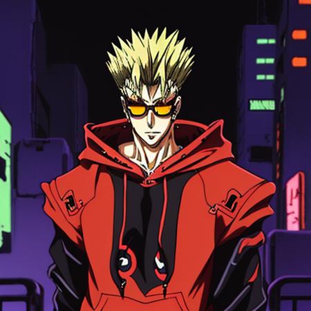 Trigun anime character <lora:Trigun:1>, (weared hoody:1.3), with glasses, in neon town cyberpunk