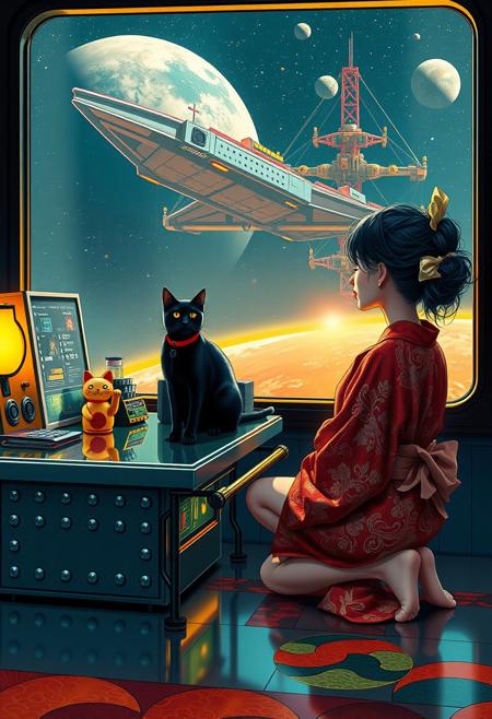 YFG-Asak Surreal Pop Art Style, a bright, whimsical scene of A sleek black cat with red collar sits on a cluttered metal riveted desk with transparent top and led lit computer components visible inside, On the desk are a maneki neko statue and a lava lamp, the Black cat is looking out of a seamless and futuristic floor to ceiling window that looks out at a planet from low orbit, (((a beautiful woman, 24 years old, is kneeling Japanese style next to the cat looking out the window, the woman is dressed in an ornate Japanese style bath robe. An enormous deco-cyberpunk starship with futuristic lighting and an enormous space station are visible in the background among the stars, The woman's hair is messy from just waking up and tied up with a ribbon. Artistic cyberpunk, dynamic perspective, (((overall architectural aesthetic is Art Deco Cyberpunk))).  Epic image that elicits a feeling of wonder and awe,  all set against a striking, abstract background with bold, geometric patterns.